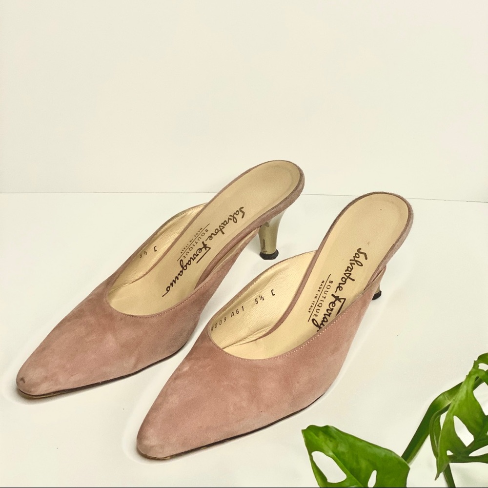 Vintage Ferragamo Pink Suede Kitten Heel Mules - Picture 2 of 7